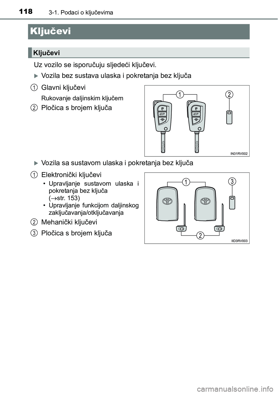 TOYOTA RAV4 2015  Upute Za Rukovanje (in Croatian) 1183-1. Podaci o ključevima
Ključevi
Uz vozilo se isporučuju sljedeći ključevi.
Vozila bez sustava ulaska i pokretanja bez ključa
Glavni ključevi
Rukovanje daljinskim ključem
Pločica s bro