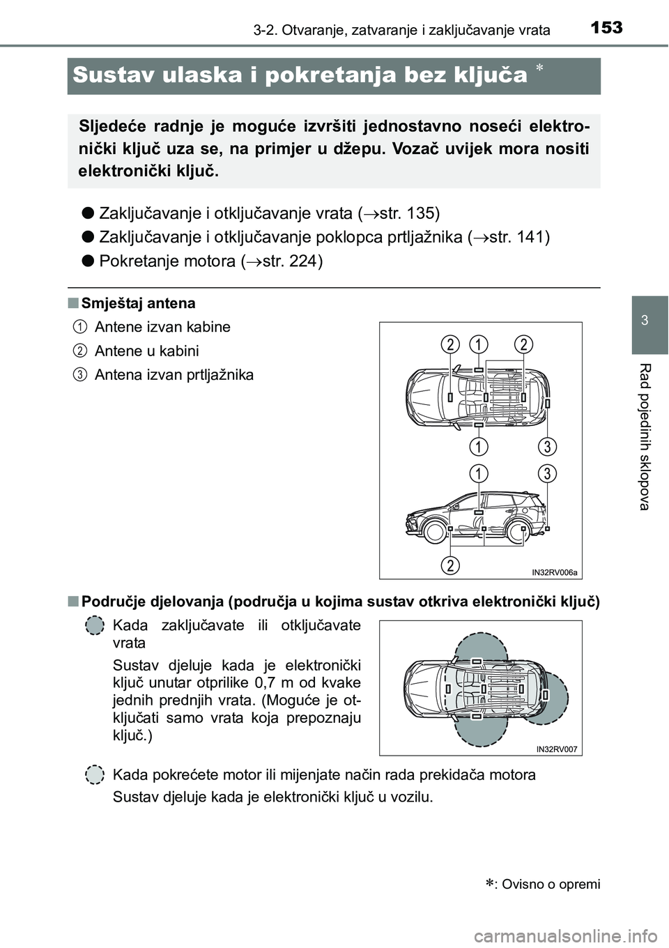 TOYOTA RAV4 2015  Upute Za Rukovanje (in Croatian) 153
3
3-2. Otvaranje, zatvaranje i zaključavanje vrata
Rad pojedinih sklopova
Sustav ulaska i pokretanja bez ključa 
lZaključavanje i otključavanje vrata (str. 135)
lZaključavanje i otklju