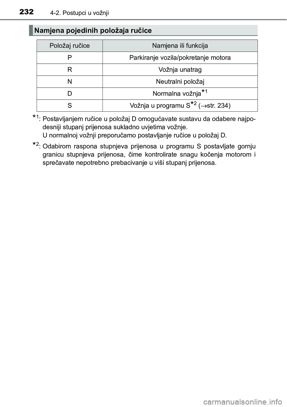 TOYOTA RAV4 2015  Upute Za Rukovanje (in Croatian) 2324-2. Postupci u vožnji
*1: Postavljanjem ručice u položaj D omogućavate sustavu da odabere najpo-
desniji stupanj prijenosa sukladno uvjetima vožnje. 
U normalnoj vožnji preporučamo postavlj
