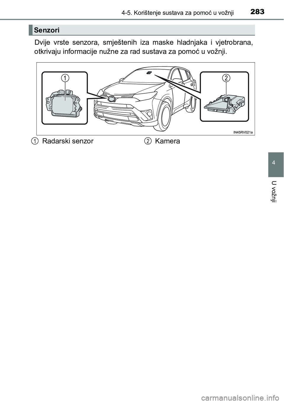 TOYOTA RAV4 2015  Upute Za Rukovanje (in Croatian) 2834-5. Korištenje sustava za pomoć u vožnji
4
U vožnji
Dvije  vrste  senzora,  smještenih iza  maske  hladnjaka  i  vjetrobrana,
otkrivaju informacije nužne za rad sustava za pomoć u vožnji.
