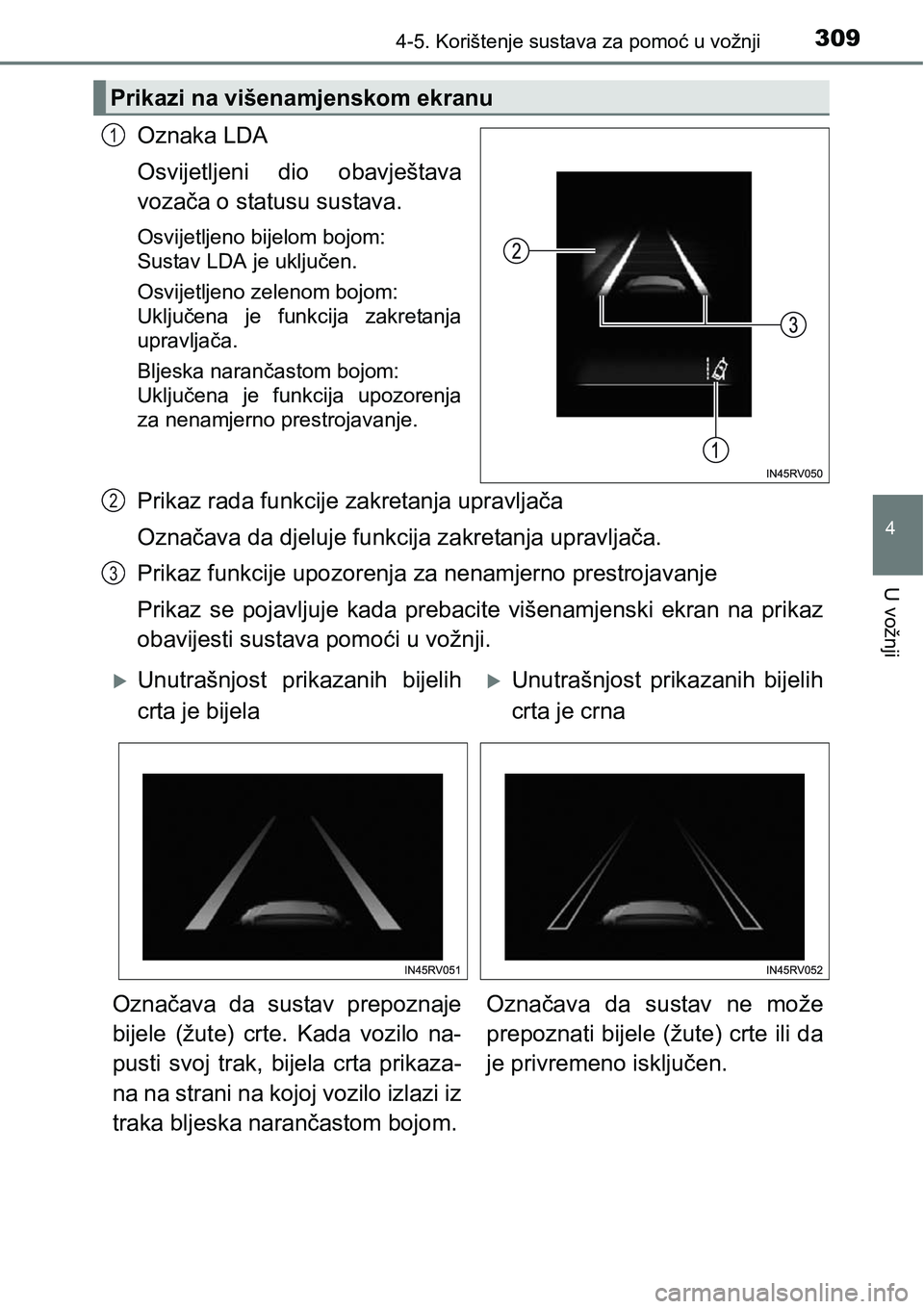 TOYOTA RAV4 2015  Upute Za Rukovanje (in Croatian) 3094-5. Korištenje sustava za pomoć u vožnji
4
U vožnji
Oznaka LDA
Osvijetljeni  dio  obavještava
vozača o statusu sustava.
Osvijetljeno bijelom bojom: 
Sustav LDA je uključen.
Osvijetljeno zel