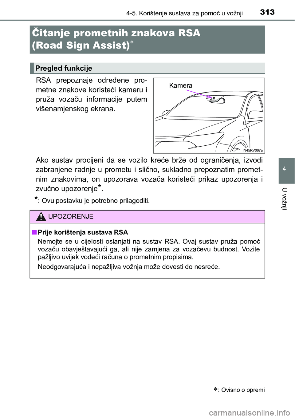 TOYOTA RAV4 2015  Upute Za Rukovanje (in Croatian) 313
4
4-5. Korištenje sustava za pomoć u vožnji
U vožnji
Čitanje prometnih znakova RSA 
(Road Sign Assist)

RSA  prepoznaje  određene  pro-
metne  znakove  koristeći  kameru  i
pruža  voza