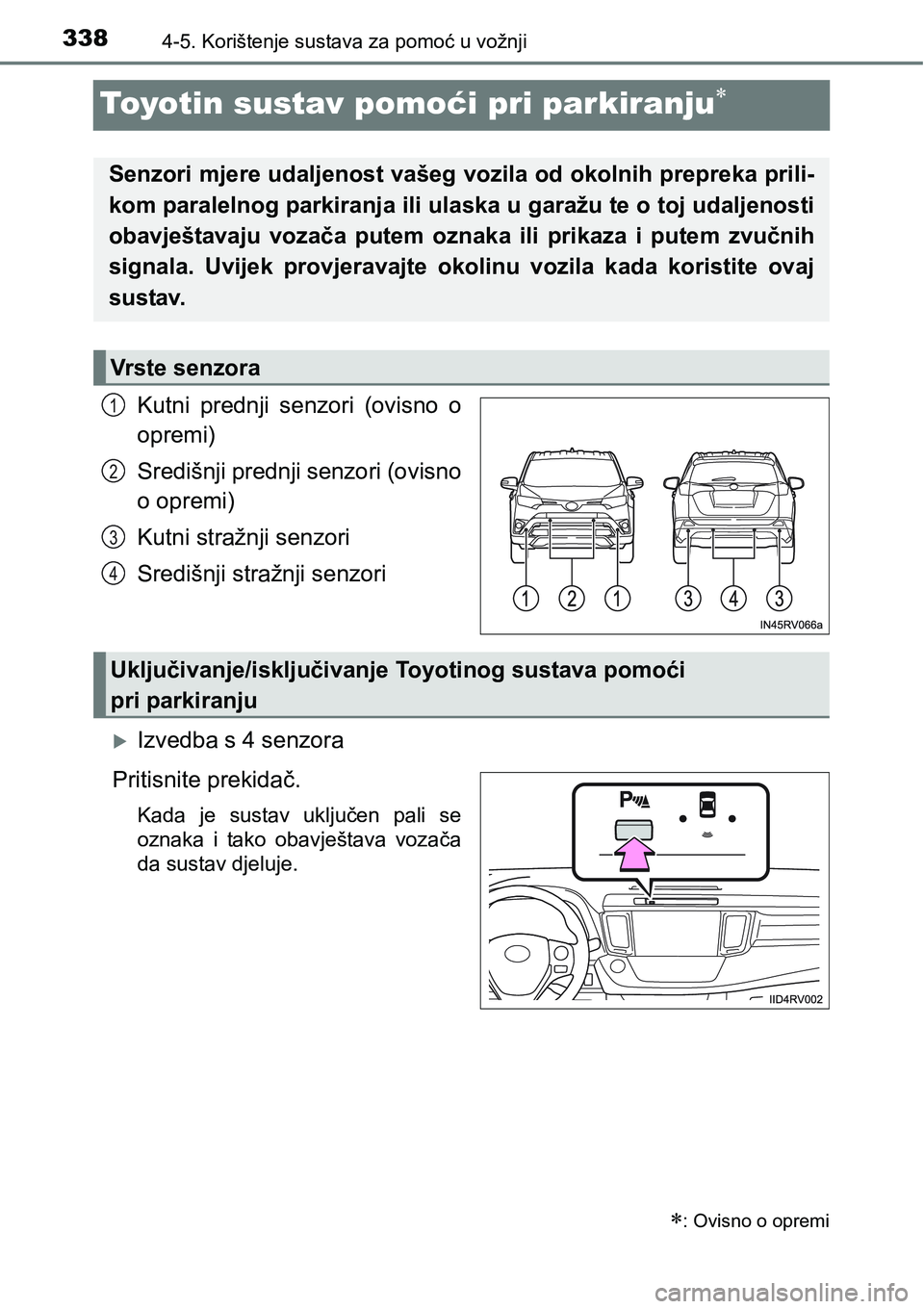 TOYOTA RAV4 2015  Upute Za Rukovanje (in Croatian) 3384-5. Korištenje sustava za pomoć u vožnji
Toyotin sustav pomoći pri parkiranju
Kutni  prednji  senzori  (ovisno  o
opremi)
Središnji prednji senzori (ovisno
o opremi)
Kutni stražnji senzor