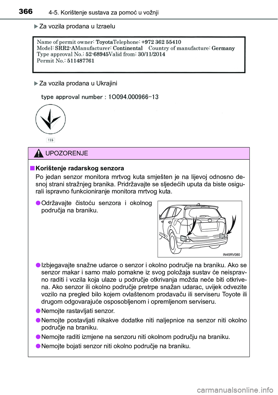 TOYOTA RAV4 2015 Upute Za Rukovanje (in Croatian) 3664-5. Korištenje sustava za pomoć u vožnji
Za vozila prodana u Izraelu
Za vozila prodana u Ukrajini
UPOZORENJE
nKorištenje radarskog senzora
Po jedan senzor monitora mrtvog kuta smje TOYOTA RAV4 2015 Upute Za Rukovanje (in Croatian) 3664-5. Korištenje sustava za pomoć u vožnji
Za vozila prodana u Izraelu
Za vozila prodana u Ukrajini
UPOZORENJE
nKorištenje radarskog senzora
Po jedan senzor monitora mrtvog kuta smje