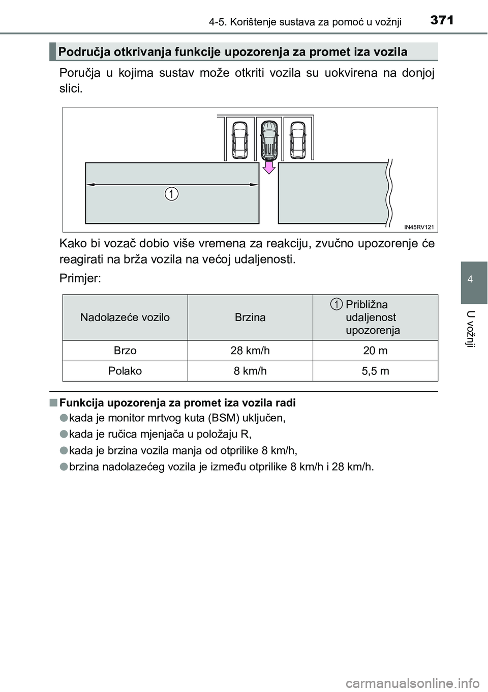 TOYOTA RAV4 2015  Upute Za Rukovanje (in Croatian) 3714-5. Korištenje sustava za pomoć u vožnji
4
U vožnji
Poručja  u  kojima  sustav  može  otkriti  vozila  su  uokvirena  na  donjoj
slici.
Kako bi vozač dobio više vremena za reakciju, zvučn