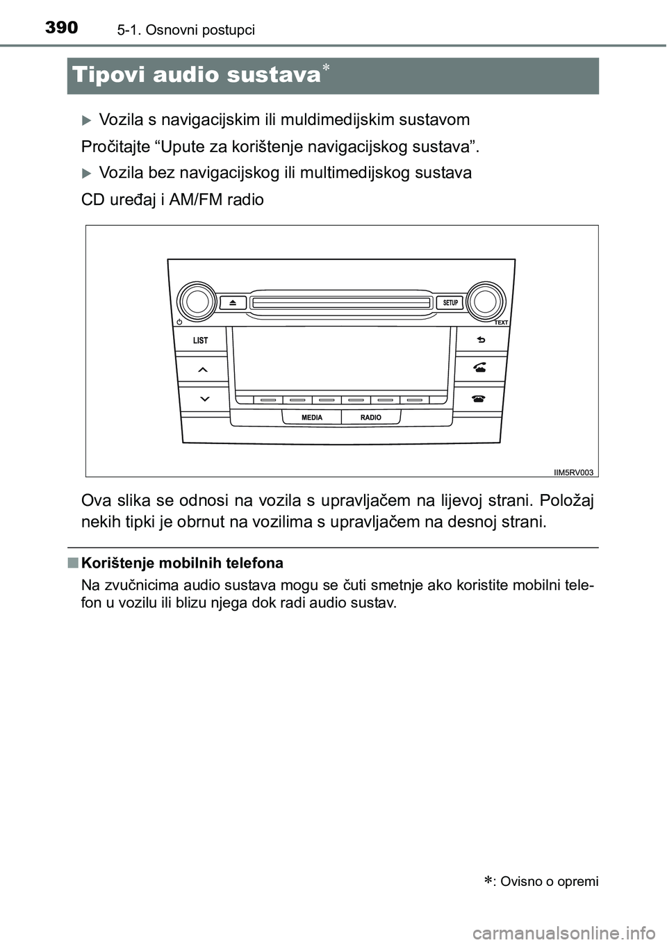 TOYOTA RAV4 2015  Upute Za Rukovanje (in Croatian) 3905-1. Osnovni postupci
Tipovi audio sustava
Vozila s navigacijskim ili muldimedijskim sustavom
Pročitajte “Upute za korištenje navigacijskog sustava”.
Vozila bez navigacijskog ili mul