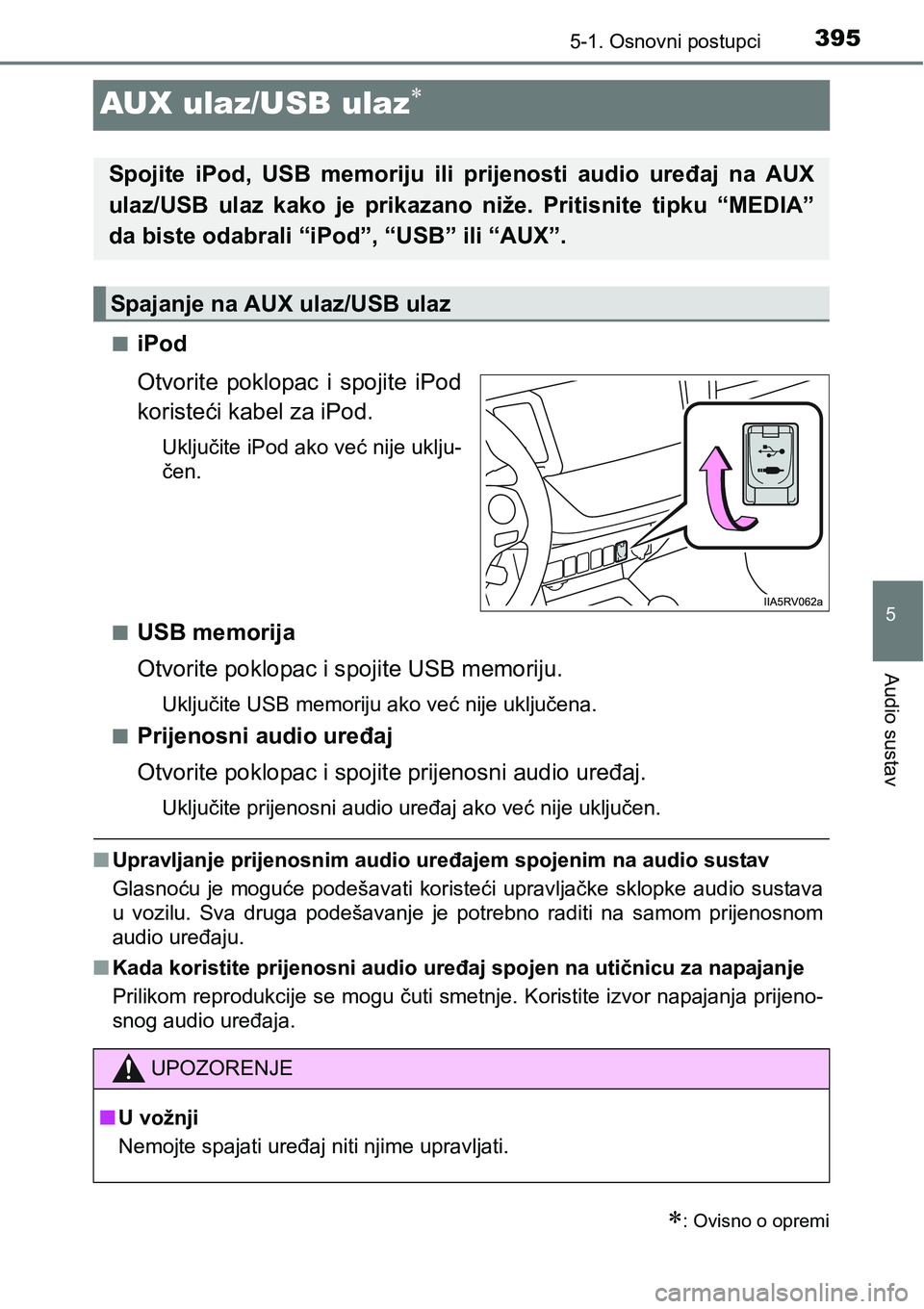TOYOTA RAV4 2015 Upute Za Rukovanje (in Croatian) 395
5
5-1. Osnovni postupci
Audio sustav
AUX ulaz/USB ulaz
niPod
Otvorite poklopac i spojite iPod
koristeći kabel za iPod.
Uključite iPod ako već nije uklju-
čen.
n
USB memorija
Otvorite po TOYOTA RAV4 2015 Upute Za Rukovanje (in Croatian) 395
5
5-1. Osnovni postupci
Audio sustav
AUX ulaz/USB ulaz
niPod
Otvorite poklopac i spojite iPod
koristeći kabel za iPod.
Uključite iPod ako već nije uklju-
čen.
n
USB memorija
Otvorite po