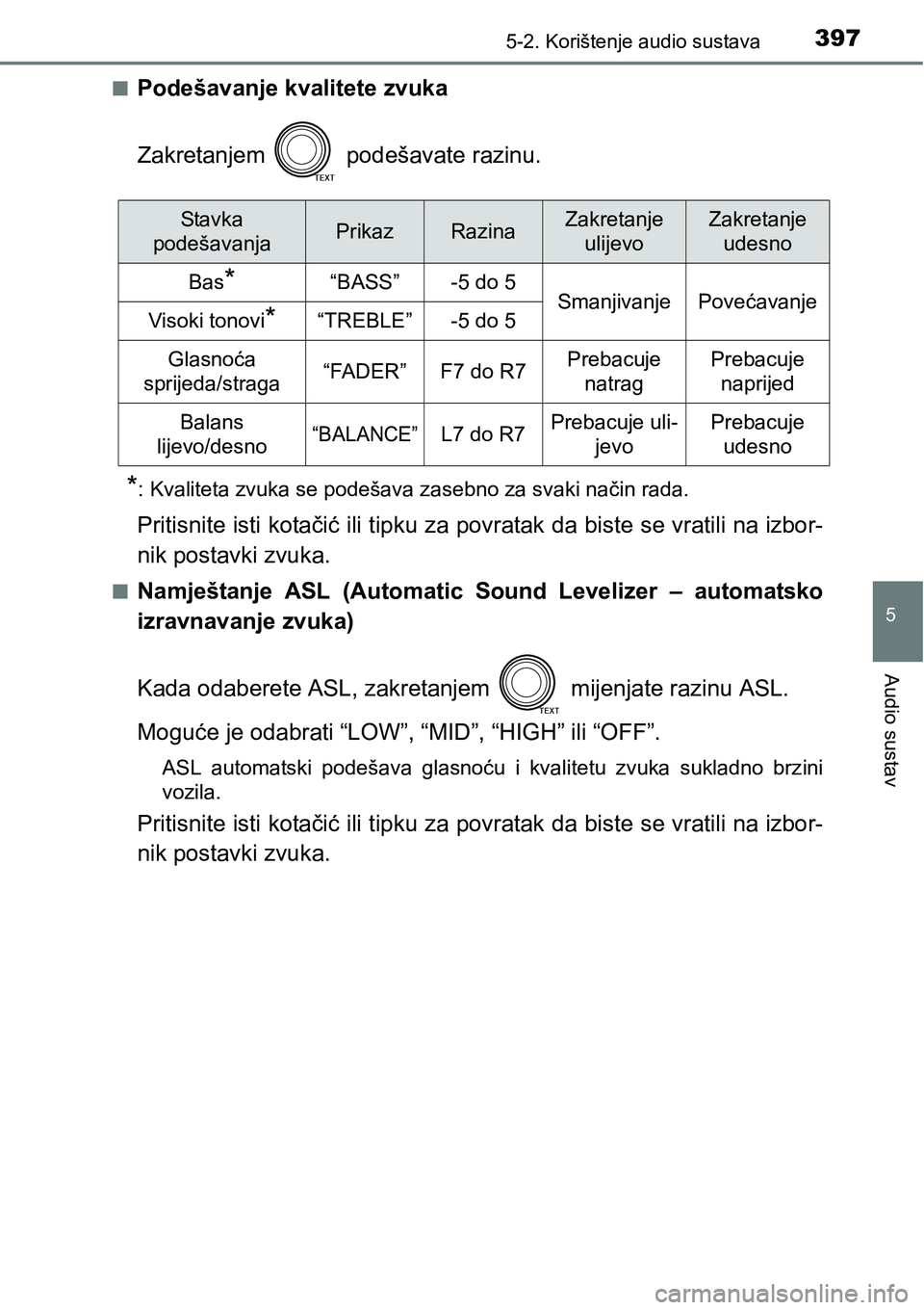 TOYOTA RAV4 2015  Upute Za Rukovanje (in Croatian) 3975-2. Korištenje audio sustava
5
Audio sustav
nPodešavanje kvalitete zvuka
Zakretanjem   podešavate razinu.
*: Kvaliteta zvuka se podešava zasebno za svaki način rada.
Pritisnite isti kotačić