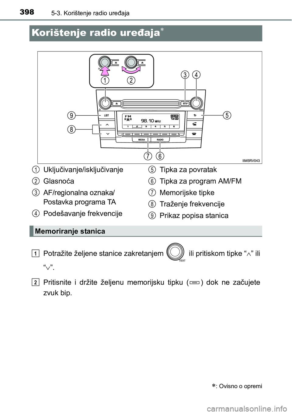TOYOTA RAV4 2015  Upute Za Rukovanje (in Croatian) 3985-3. Korištenje radio uređaja
Korištenje radio uređaja
Potražite željene stanice zakretanjem   ili pritiskom tipke “” ili
“”.
Pritisnite  i  držite  željenu  memorijsku  ti