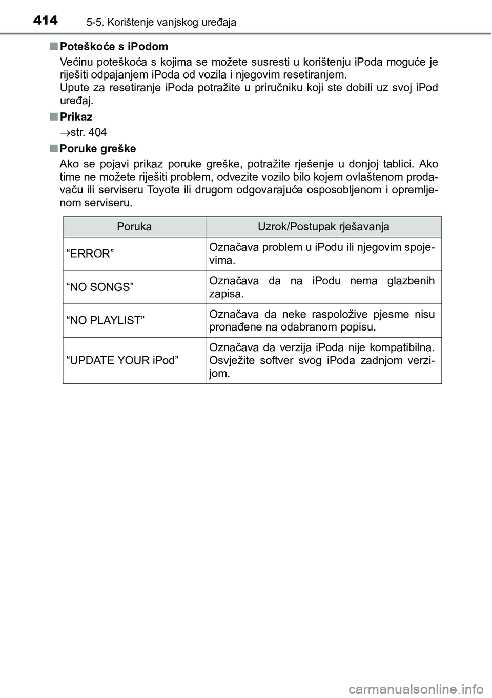 TOYOTA RAV4 2015  Upute Za Rukovanje (in Croatian) 4145-5. Korištenje vanjskog uređaja
nPoteškoće s iPodom
Većinu  poteškoća s  kojima  se  možete  susresti u  korištenju  iPoda  moguće  je
riješiti odpajanjem iPoda od vozila i njegovim res