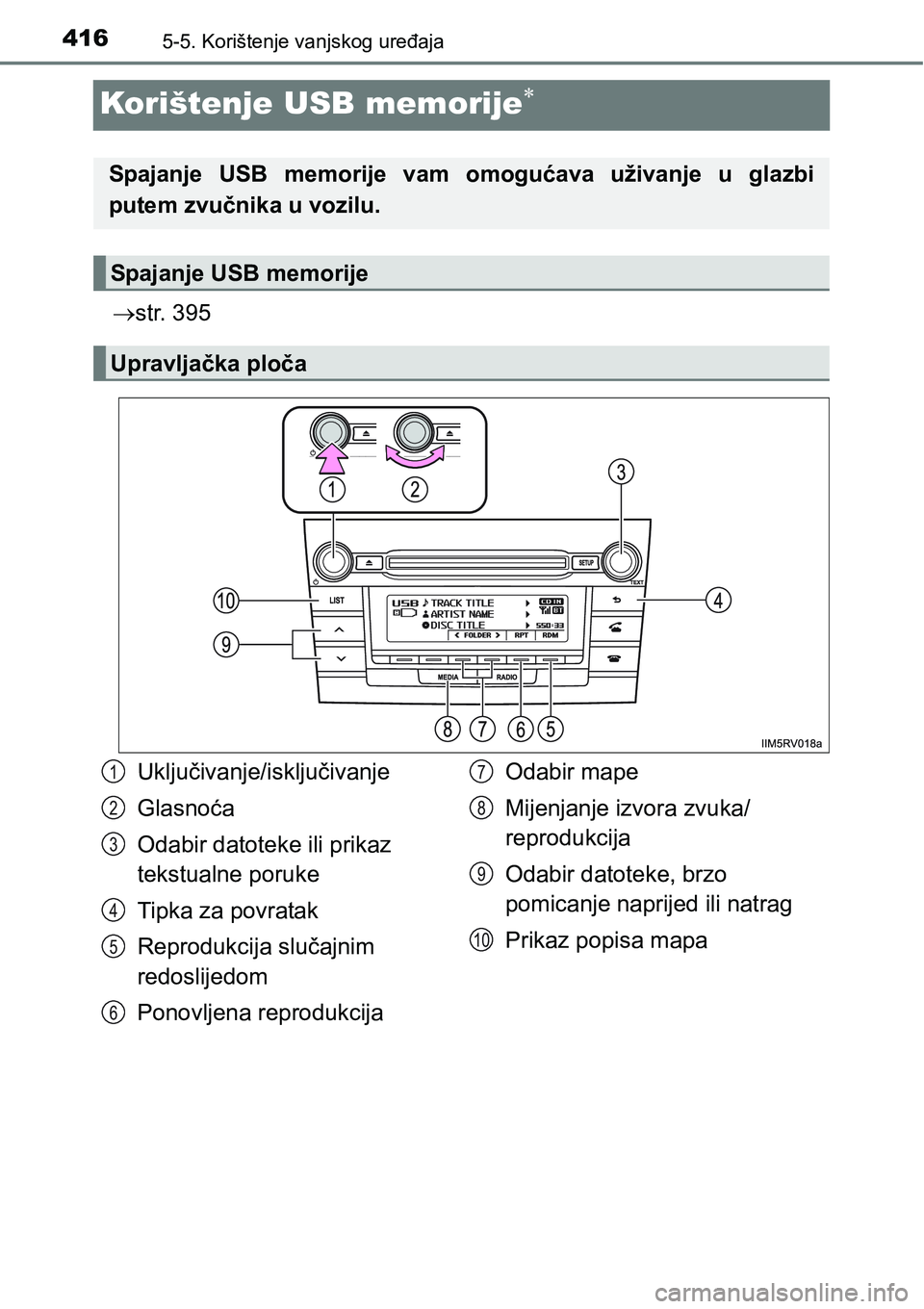 TOYOTA RAV4 2015  Upute Za Rukovanje (in Croatian) 4165-5. Korištenje vanjskog uređaja
Korištenje USB memorije
str. 395
Spajanje  USB  memorije  vam  omogućava  uživanje  u  glazbi
putem zvučnika u vozilu.
Spajanje USB memorije
Upravljačk