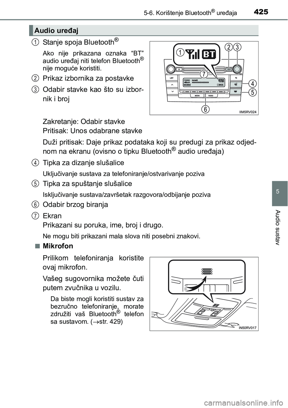 TOYOTA RAV4 2015 Upute Za Rukovanje (in Croatian) 4255-6. Korištenje Bluetooth® uređaja
5
Audio sustav
Stanje spoja Bluetooth®
Ako nije prikazana oznaka “BT”
audio uređaj niti telefon Bluetooth®
nije moguće koristiti.
Prikaz izbornika TOYOTA RAV4 2015 Upute Za Rukovanje (in Croatian) 4255-6. Korištenje Bluetooth® uređaja
5
Audio sustav
Stanje spoja Bluetooth®
Ako nije prikazana oznaka “BT”
audio uređaj niti telefon Bluetooth®
nije moguće koristiti.
Prikaz izbornika