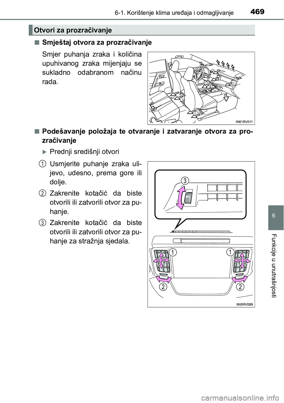 TOYOTA RAV4 2015  Upute Za Rukovanje (in Croatian) 4696-1. Korištenje klima uređaja i odmagljivanje
6
Funkcije u unutrašnjosti
nSmještaj otvora za prozračivanje
Smjer  puhanja  zraka  i  količina
upuhivanog  zraka  mijenjaju  se
sukladno  odabra