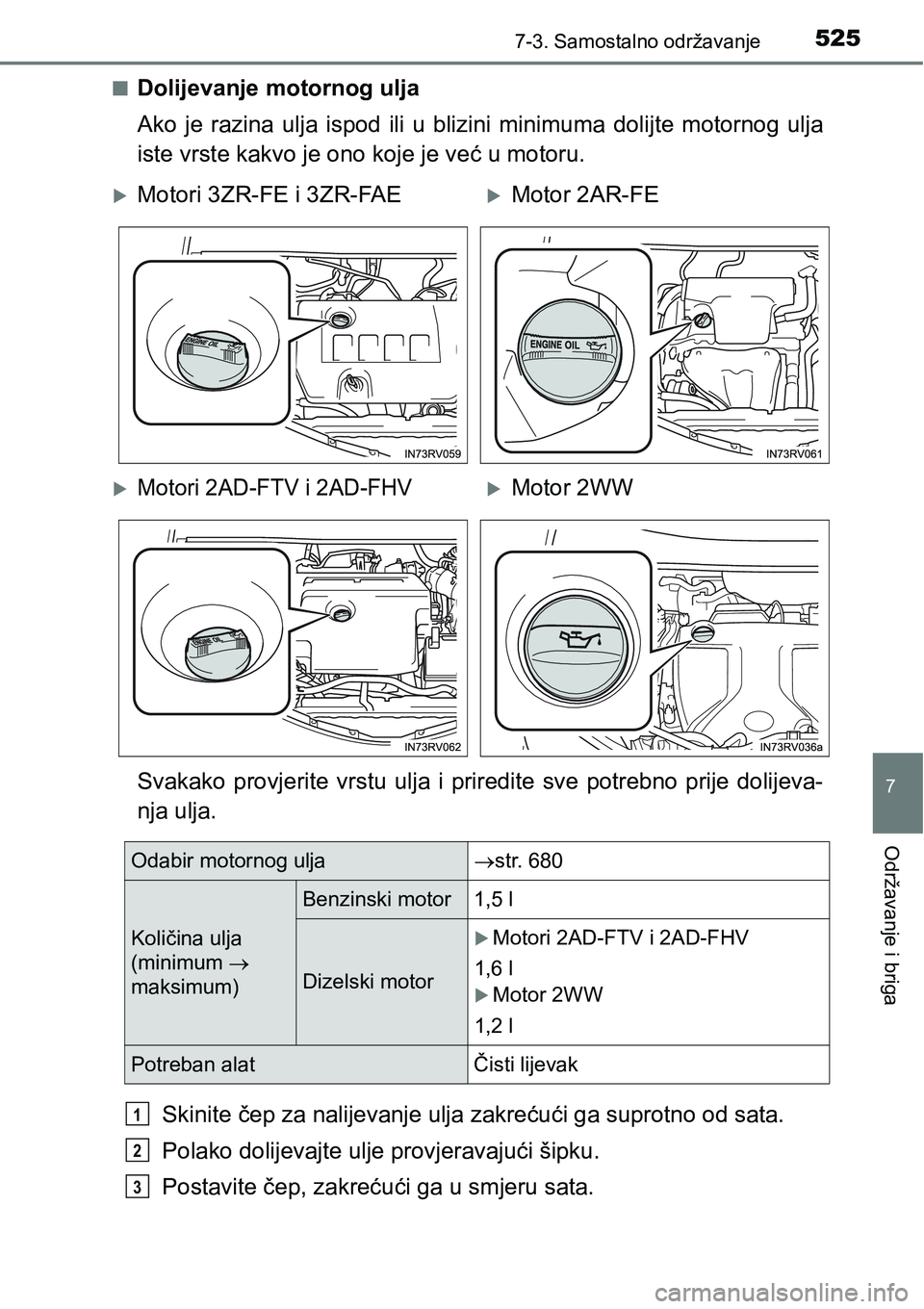 TOYOTA RAV4 2015  Upute Za Rukovanje (in Croatian) 5257-3. Samostalno održavanje
7
Održavanje i briga
nDolijevanje motornog ulja
Ako  je  razina  ulja  ispod  ili  u  blizini  minimuma  dolijte  motornog  ulja
iste vrste kakvo je ono koje je već u 