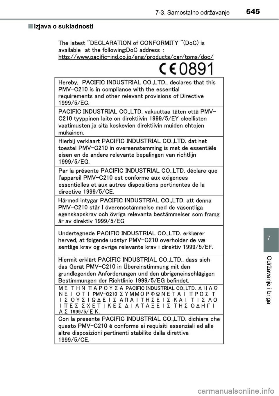 TOYOTA RAV4 2015  Upute Za Rukovanje (in Croatian) 5457-3. Samostalno održavanje
7
Održavanje i briga
nIzjava o sukladnosti 