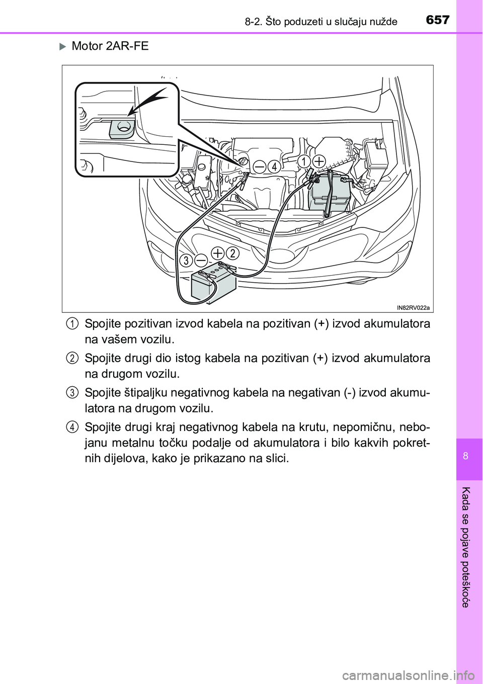 TOYOTA RAV4 2015  Upute Za Rukovanje (in Croatian) 6578-2. Što poduzeti u slučaju nužde
8
Kada se pojave poteškoće
Motor 2AR-FE
Spojite pozitivan izvod kabela na pozitivan (+) izvod akumulatora
na vašem vozilu.
Spojite drugi dio istog kabela 