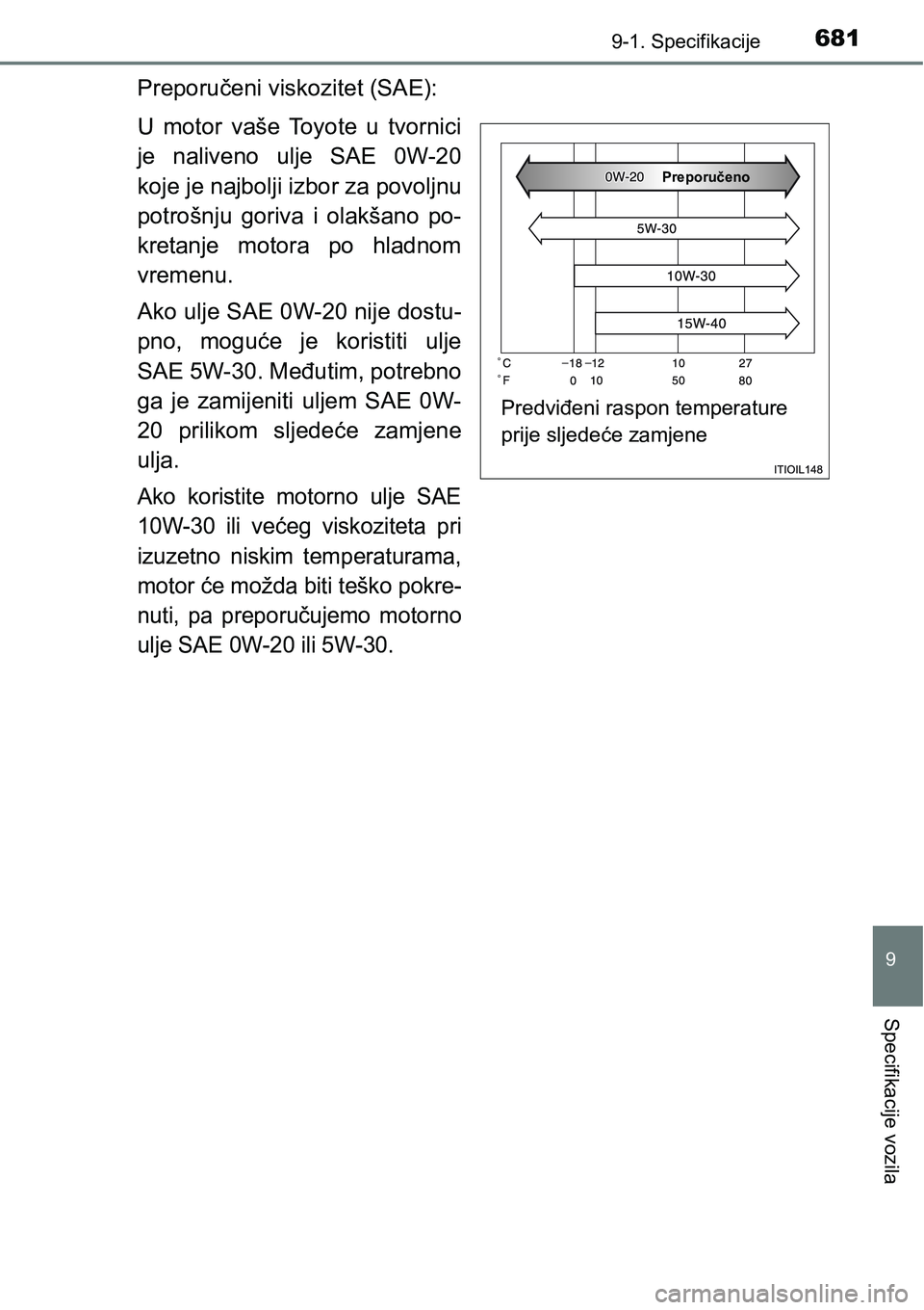 TOYOTA RAV4 2015  Upute Za Rukovanje (in Croatian) 6819-1. Specifikacije
9
Specifikacije vozila
Preporučeni viskozitet (SAE):
U  motor  vaše  Toyote  u  tvornici
je  naliveno  ulje  SAE  0W-20
koje je najbolji izbor za povoljnu
potrošnju  goriva  i
