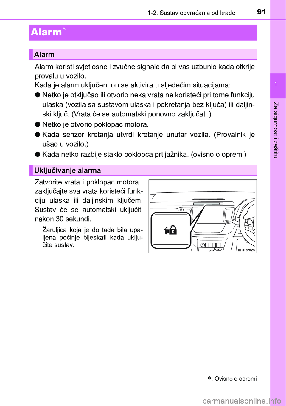 TOYOTA RAV4 2015  Upute Za Rukovanje (in Croatian) 91
1
1-2. Sustav odvraćanja od krađe
Za sigurnost i zaštitu
Alar m
Alarm koristi svjetlosne i zvučne signale da bi vas uzbunio kada otkrije
provalu u vozilo.
Kada je alarm uključen, on se akti