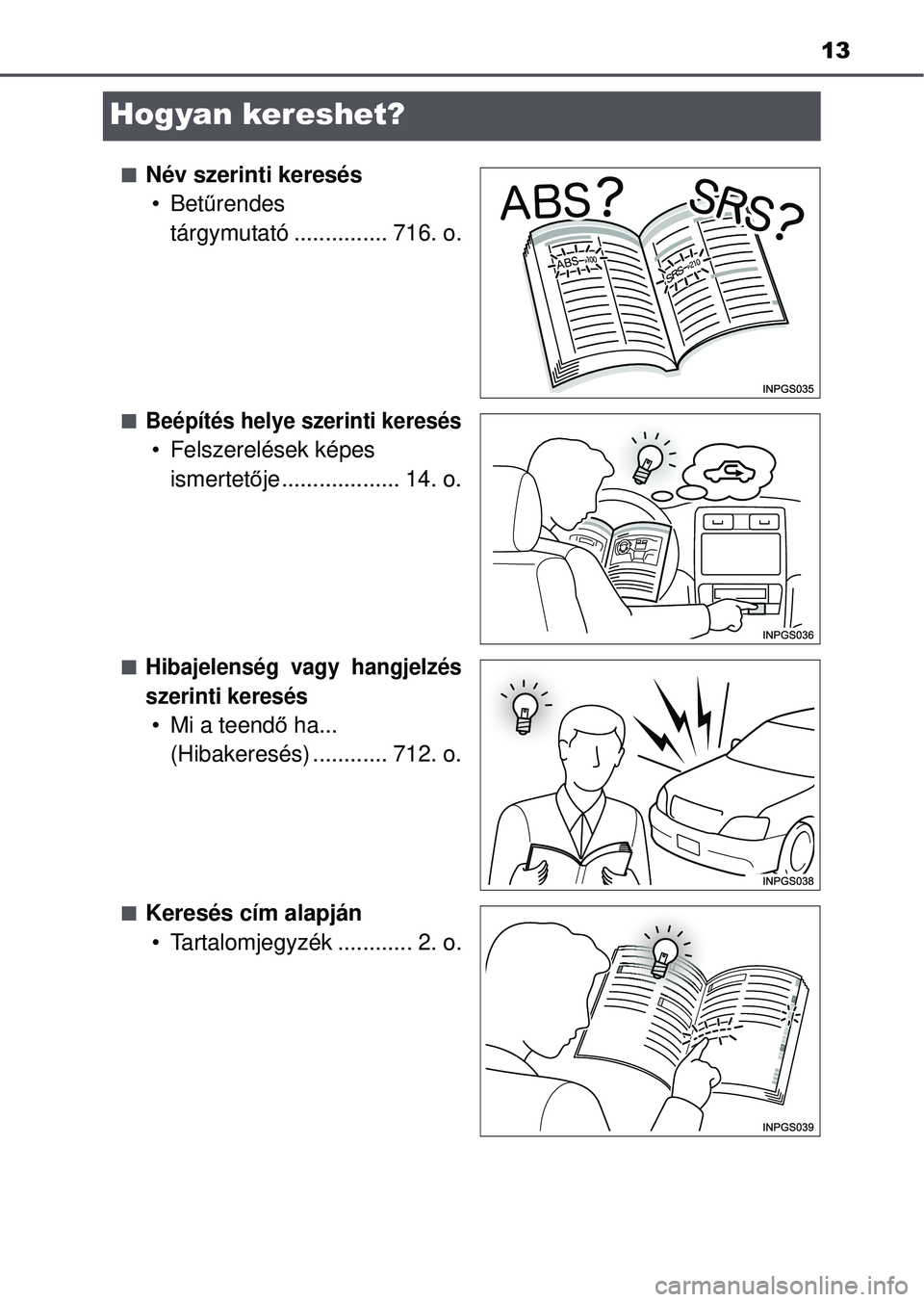 TOYOTA RAV4 2015  Kezelési útmutató (in Hungarian) 13
Hogyan kereshet?
Név szerinti keresés•Bet űrendes 
tárgymutató ............... 716. o.
Beépítés helye szerinti keresés
• Felszerelések képes 
ismertet ője................... 1