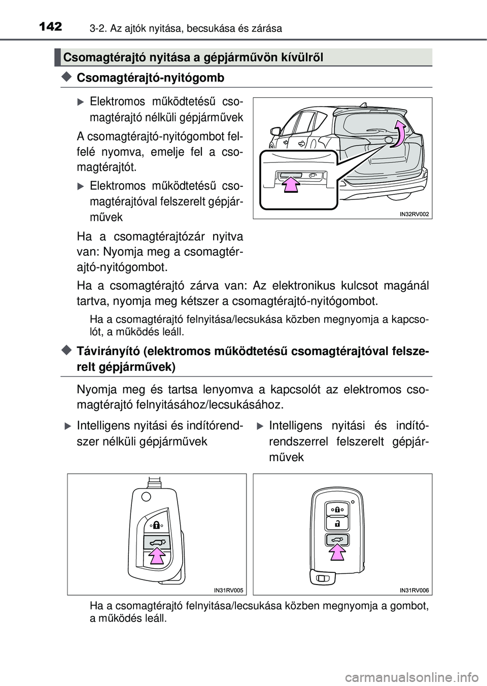 TOYOTA RAV4 2015  Kezelési útmutató (in Hungarian) 1423-2. Az ajtók nyitása, becsukása és zárása
Csomagtérajtó-nyitógomb
Elektromos működtetés ű cso-
magtérajtó nélküli gépjárm űvek
A csomagtérajtó-nyitógombot fel-
felé n