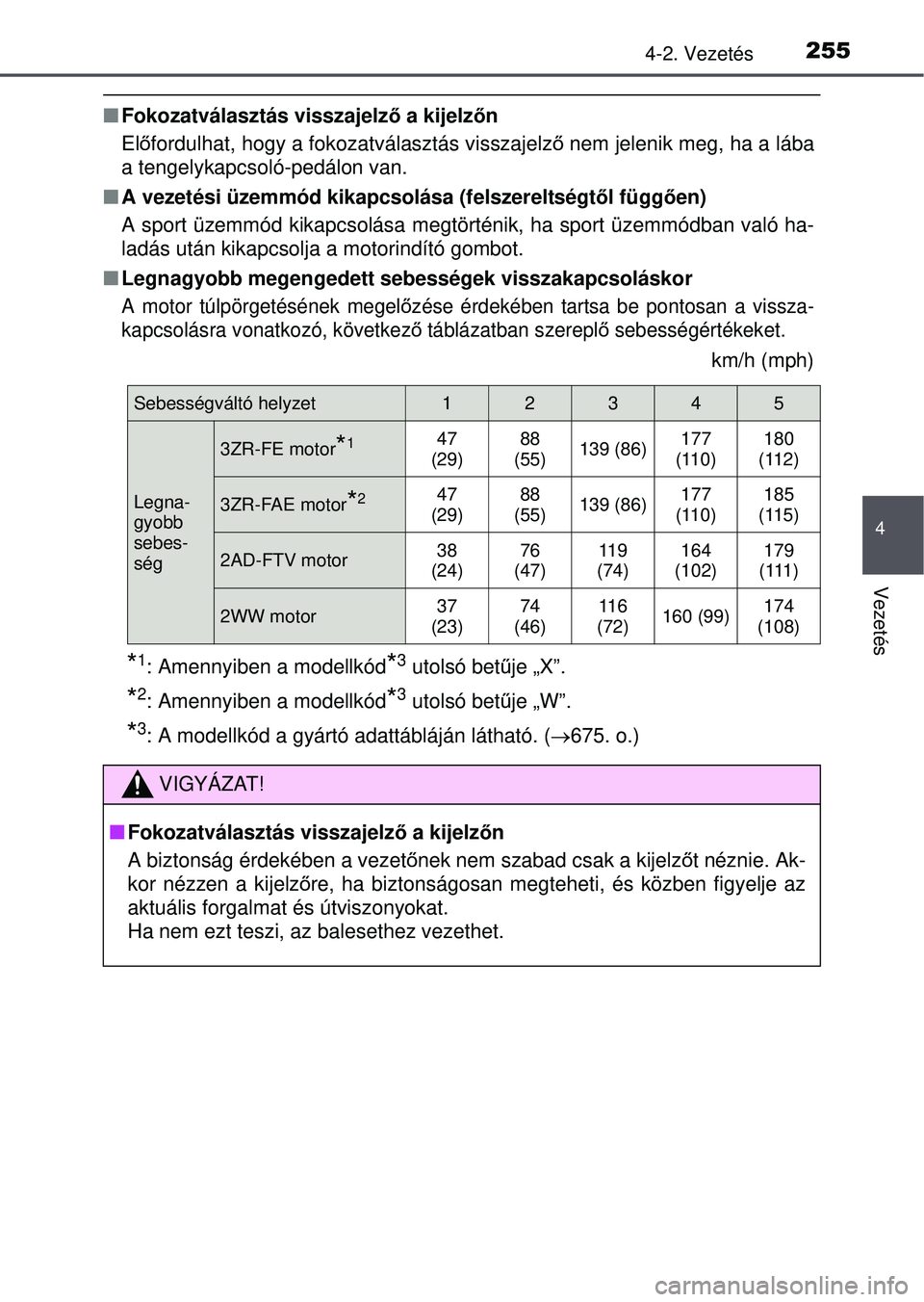 TOYOTA RAV4 2015  Kezelési útmutató (in Hungarian) 2554-2. Vezetés
4
Vezetés
Fokozatválasztás visszajelz ő a kijelzőn
El őfordulhat, hogy a fokozatválasztás visszajelző  nem jelenik meg, ha a lába
a tengelykapcsoló-pedálon van.
 A v