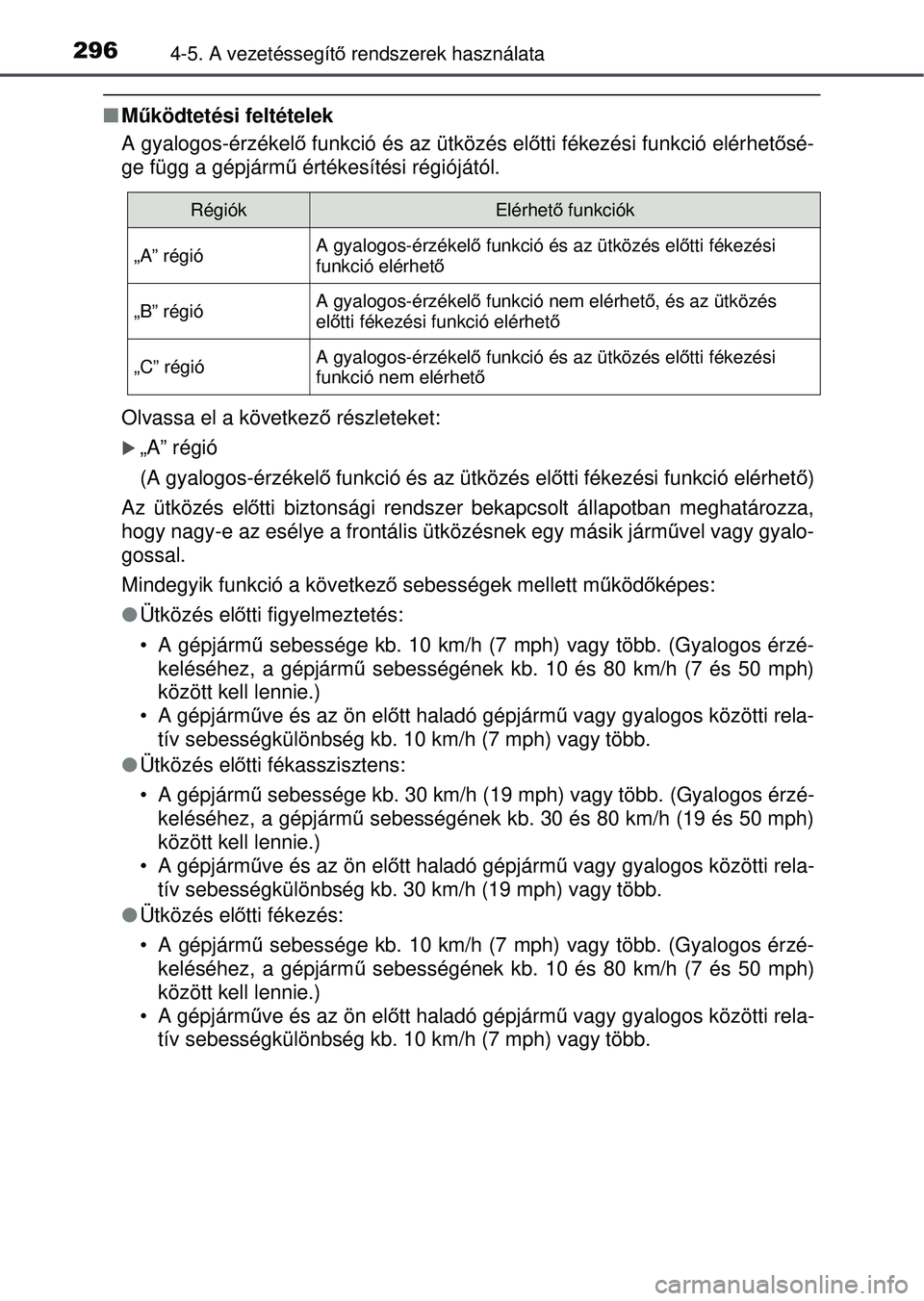 TOYOTA RAV4 2015  Kezelési útmutató (in Hungarian) 2964-5. A vezetéssegítő rendszerek használata
 Működtetési feltételek
A gyalogos-érzékelő  funkció és az ütközés el őtti fékezési funkció elérhet ősé-
ge függ a gépjárm ű