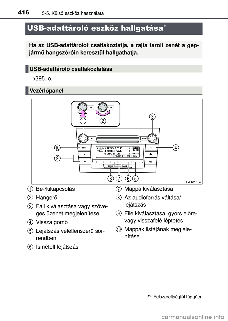TOYOTA RAV4 2015  Kezelési útmutató (in Hungarian) 4165-5. Külső eszköz használata
USB-adattároló eszköz hallgatása
 395. o.
: Felszereltségt ől függ ően
Ha az USB-adattárolót csatlakozt atja, a rajta tárolt zenét a gép-
jár