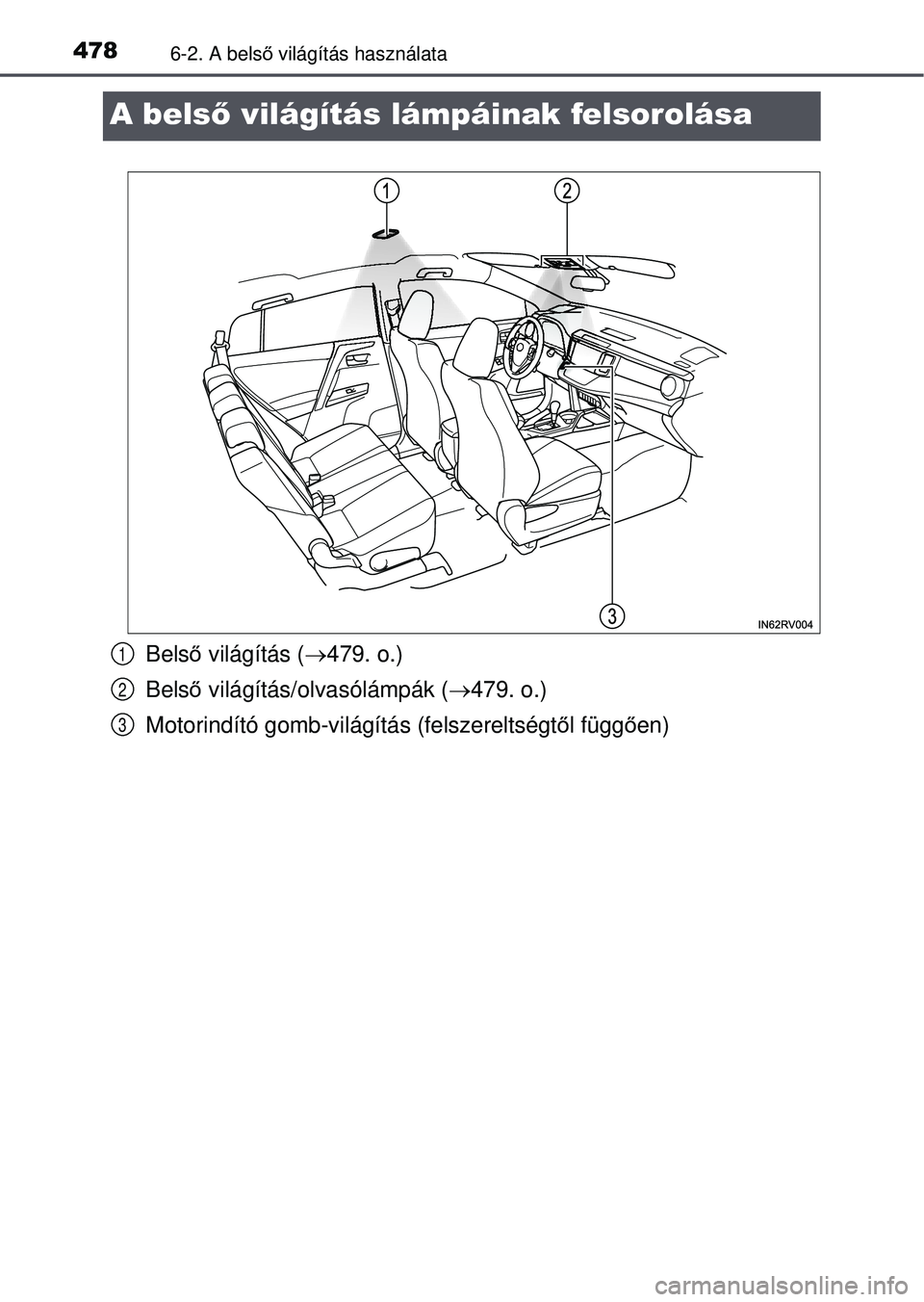 TOYOTA RAV4 2015  Kezelési útmutató (in Hungarian) 4786-2. A belső világítás használata
A belső világítás lámpáinak felsorolása
Bels ő világítás ( 479. o.)
Bels ő világítás/olvasólámpák ( 479. o.)
Motorindító gomb-világ