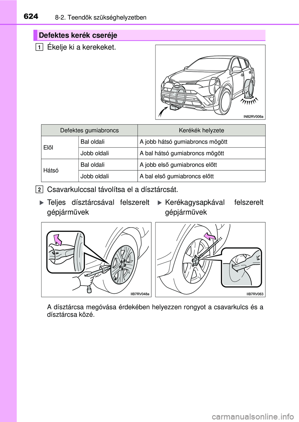 TOYOTA RAV4 2015  Kezelési útmutató (in Hungarian) 6248-2. Teendők szükséghelyzetben
Ékelje ki a kerekeket.
Csavarkulccsal távolítsa el a dísztárcsát.
A dísztárcsa megóvása érdekében helyezzen rongyot a cs\
avarkulcs és a
dísztárcsa 