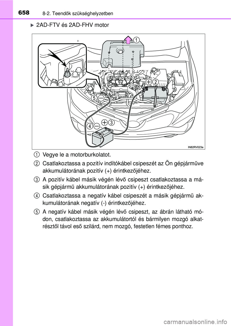 TOYOTA RAV4 2015  Kezelési útmutató (in Hungarian) 6588-2. Teendők szükséghelyzetben
2AD-FTV és 2AD-FHV motor
Vegye le a motorburkolatot.
Csatlakoztassa a pozitív indítókábel csipeszét az Ön gépjá\
rm űve
akkumulátorának pozitív (+)