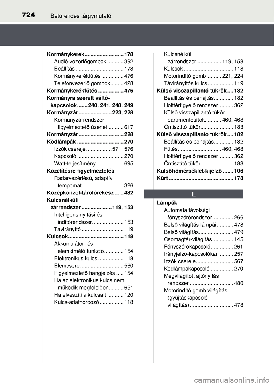 TOYOTA RAV4 2015  Kezelési útmutató (in Hungarian) 724Betűrendes tárgymutató
Kormánykerék .......................... 178
Audió-vezérlő gombok ........... 392
Beállítás ............ .................... 178
Kormánykerékfű tés ...........