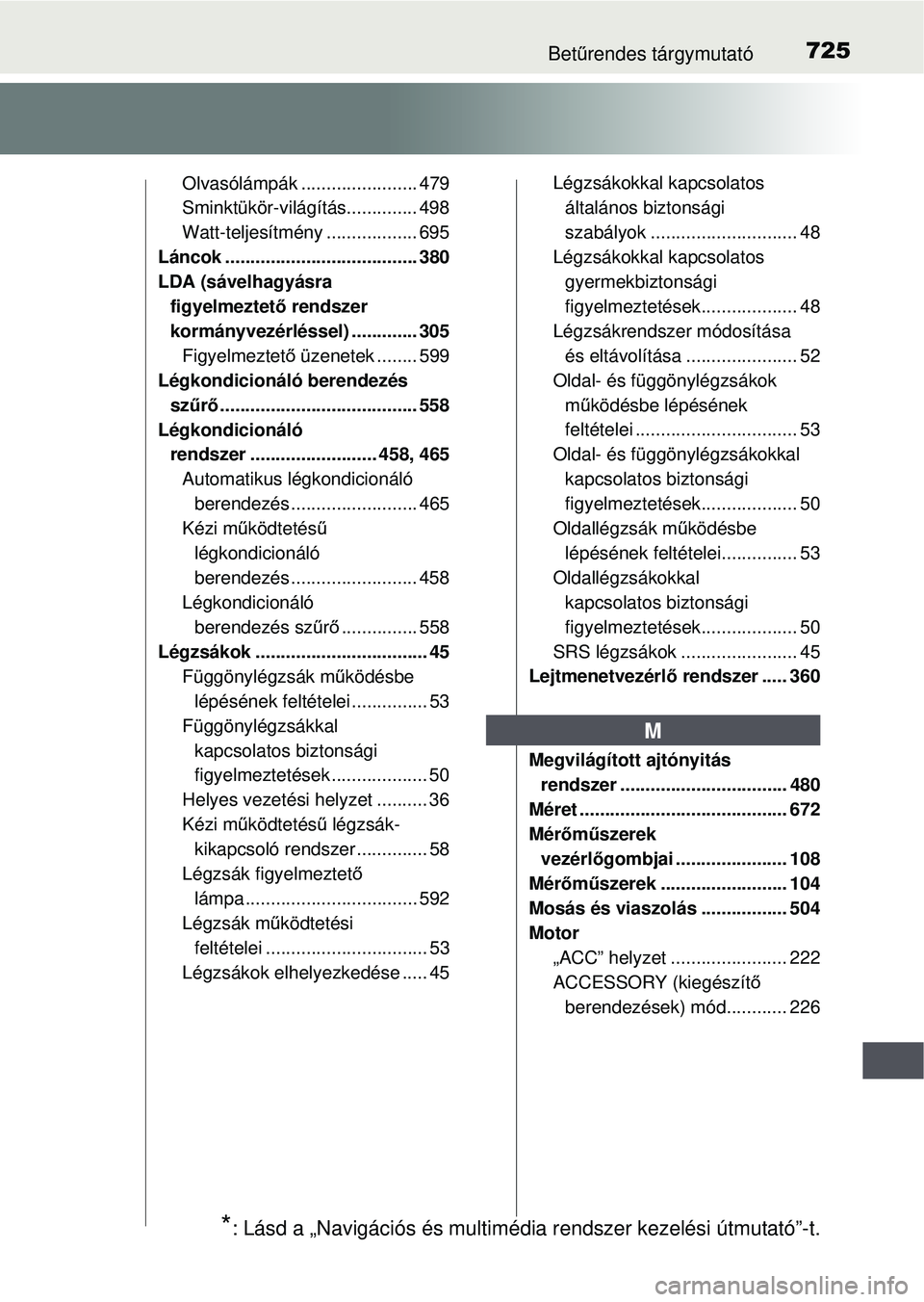 TOYOTA RAV4 2015  Kezelési útmutató (in Hungarian) 725Betűrendes tárgymutató
Olvasólámpák ....................... 479
Sminktükör-világítás.............. 498
Watt-teljesítmény .................. 695
Láncok .................. .............