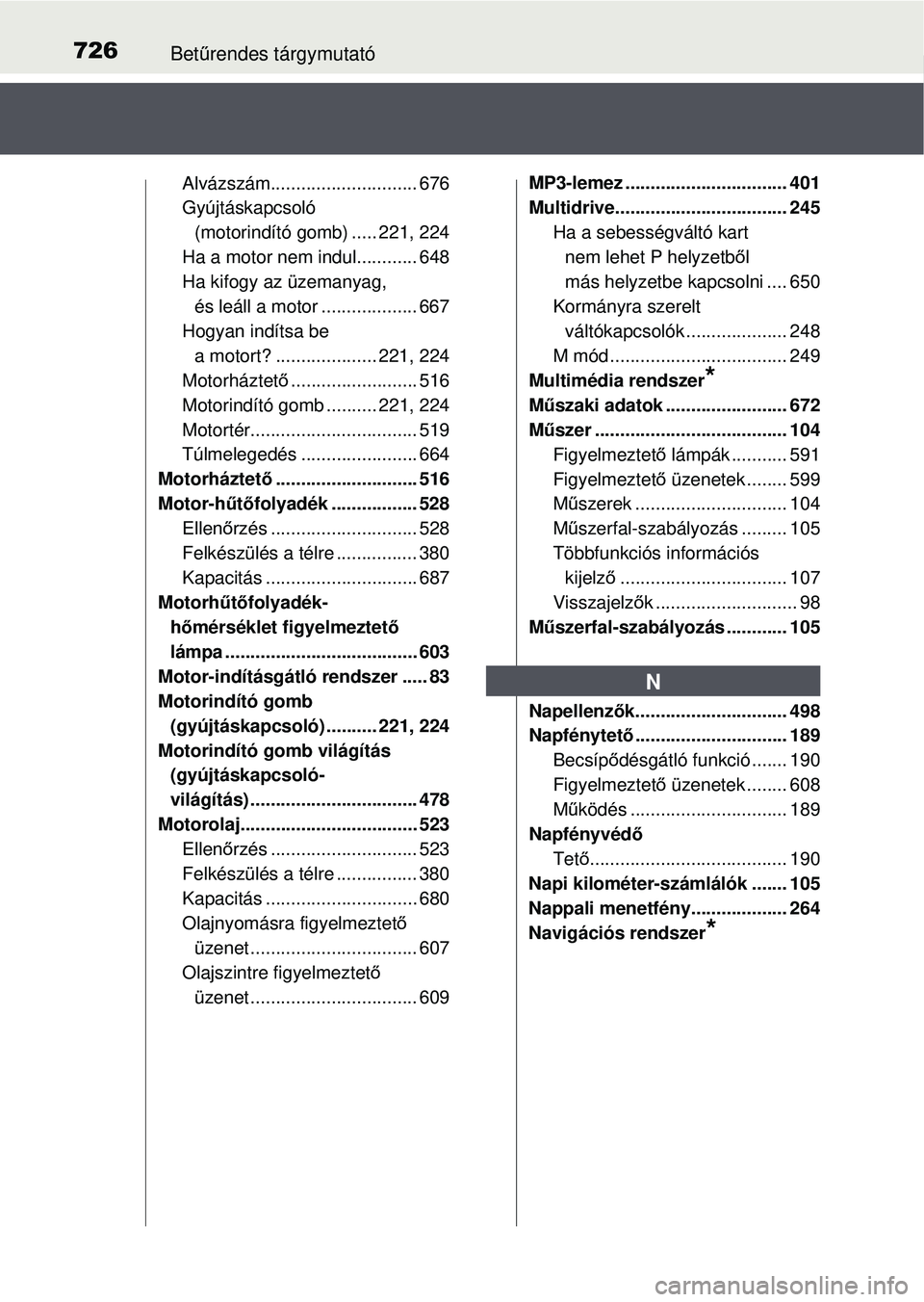 TOYOTA RAV4 2015  Kezelési útmutató (in Hungarian) 726Betűrendes tárgymutató
Alvázszám............................. 676
Gyújtáskapcsoló 
(motorindító gomb) ..... 221, 224
Ha a motor nem indul............ 648
Ha kifogy az üzemanyag,  és le