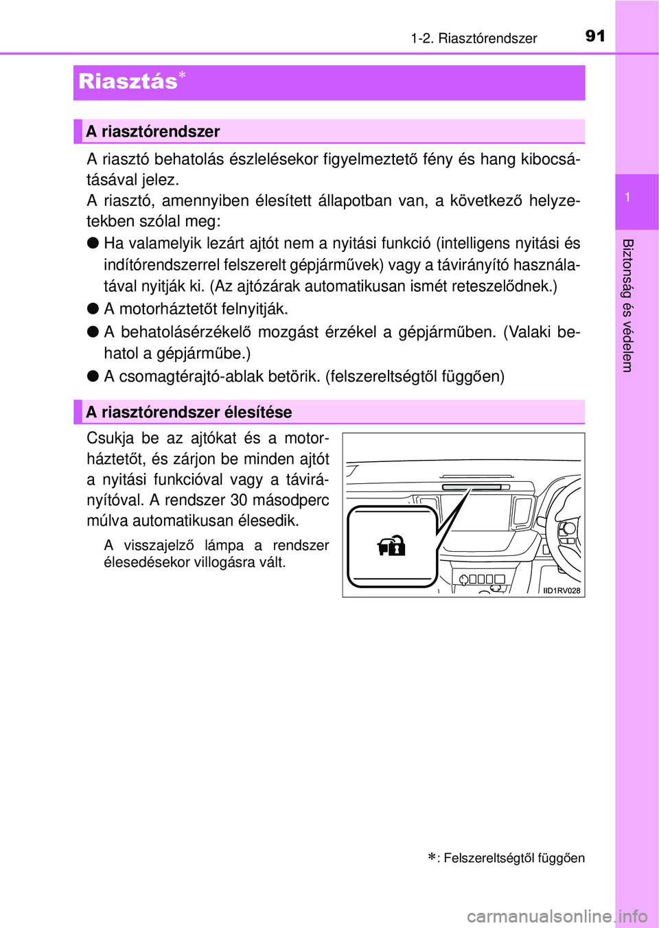 TOYOTA RAV4 2015  Kezelési útmutató (in Hungarian) 91
1
1-2. Riasztórendszer
Biztonság és védelem
Riasztás
A riasztó behatolás észlelésekor figyelmeztető fény és hang kibocsá-
tásával jelez.
A riasztó, amennyiben élesített állapo