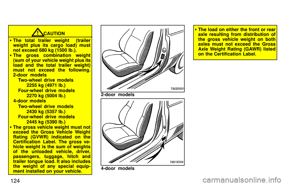 TOYOTA RAV4 1997  Owners Manual 124
CAUTION!
� The total trailer weight  (trailer 
weight plus its cargo load) must 
not exceed 680 kg (1500 lb.).
� The gross combination weight
(sum of  your vehicle weight plus its
load and the tot