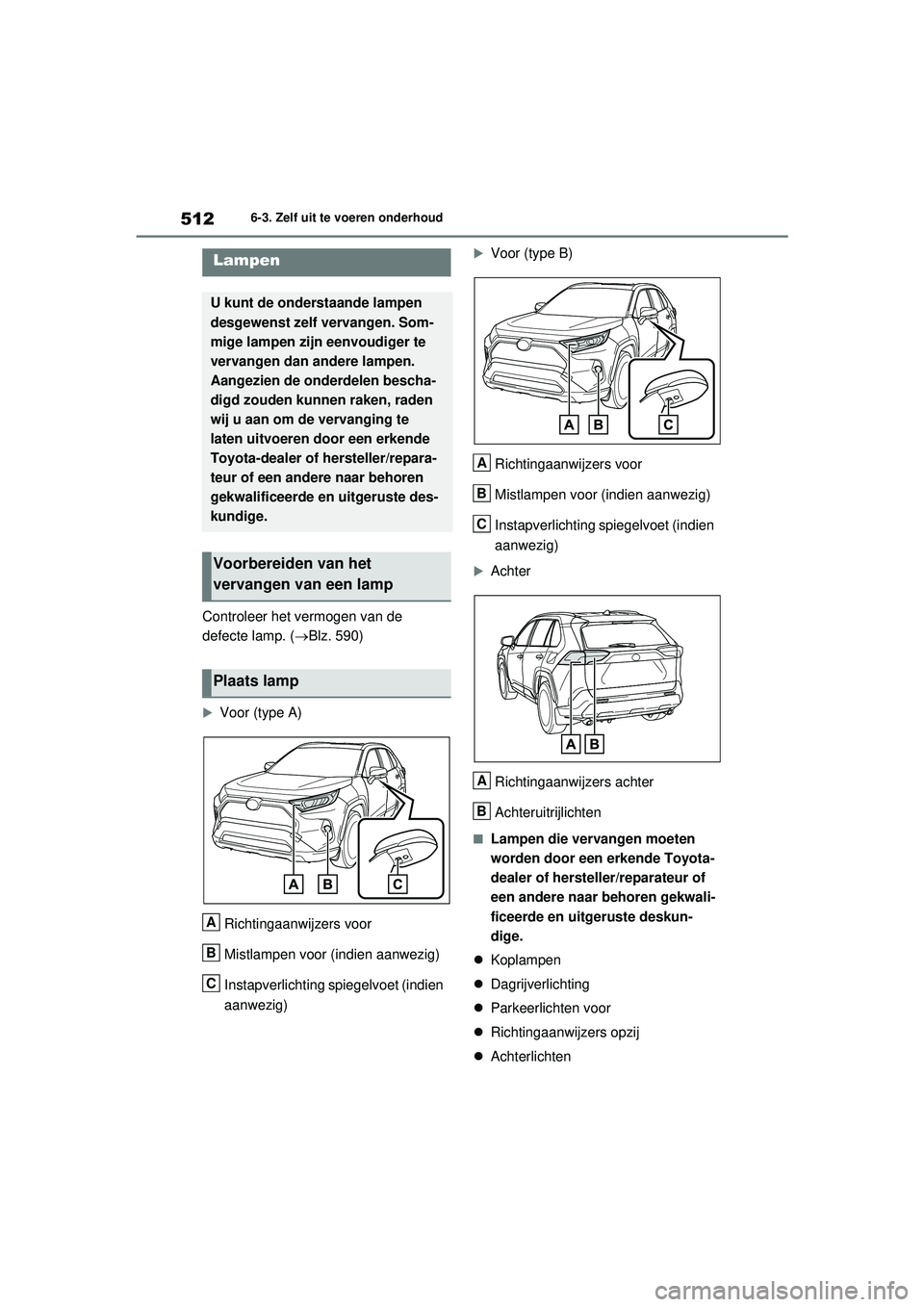 TOYOTA RAV4 HYBRID 2021 Instructieboekje (in Dutch) 5126-3. Zelf uit te voeren onderhoud
Controleer het vermogen van de
defecte lamp. (Blz. 590)
Voor (type A)
Richtingaanwijzers voor
Mistlampen voor (indien aanwezig)
Instapverlichting spiegelvoe TOYOTA RAV4 HYBRID 2021 Instructieboekje (in Dutch) 5126-3. Zelf uit te voeren onderhoud
Controleer het vermogen van de
defecte lamp. (Blz. 590)
Voor (type A)
Richtingaanwijzers voor
Mistlampen voor (indien aanwezig)
Instapverlichting spiegelvoe