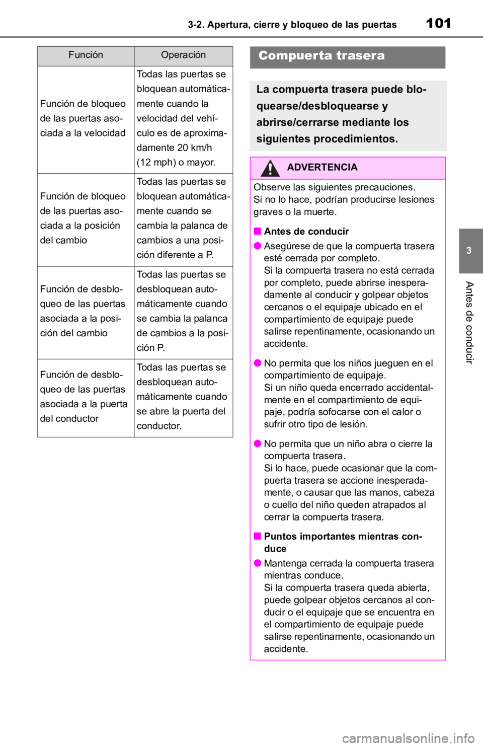 TOYOTA RAV4 HYBRID 2019 Manual del propietario (in Spanish) 1013-2. Apertura, cierre y bloqueo de las puertas
3
Antes de conducir
FunciónOperación
Función de bloqueo
de las puertas aso-
ciada a la velocidad
Todas las puertas se
bloquean automática-
mente TOYOTA RAV4 HYBRID 2019 Manual del propietario (in Spanish) 1013-2. Apertura, cierre y bloqueo de las puertas
3
Antes de conducir
FunciónOperación
Función de bloqueo
de las puertas aso-
ciada a la velocidad
Todas las puertas se
bloquean automática-
mente