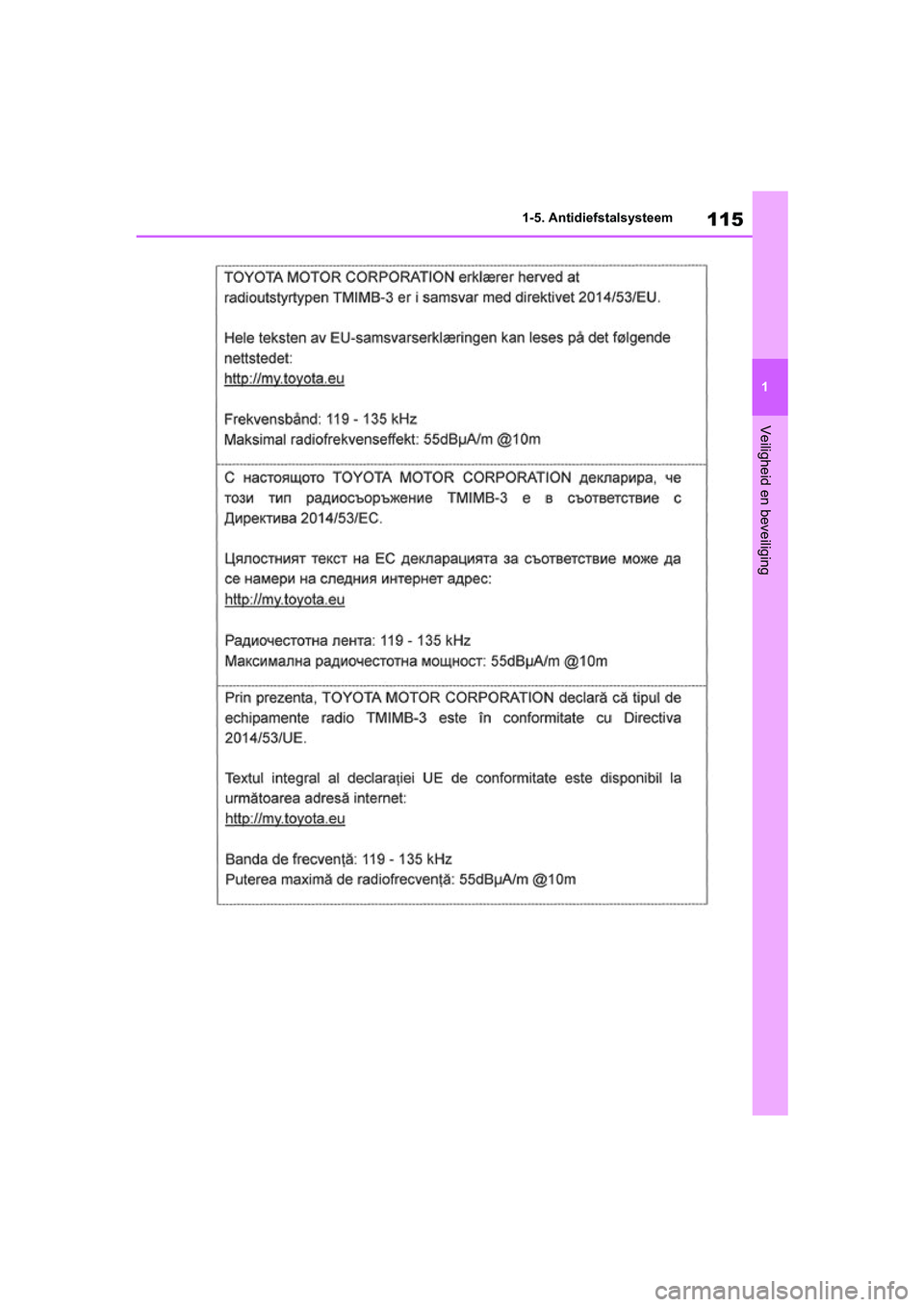 TOYOTA RAV4 HYBRID 2019  Instructieboekje (in Dutch) 115
1
1-5. Antidiefstalsysteem
Veiligheid en beveiliging
pM_RAV4-HV_OM_OM42D12E_(EE)
.book  Page 115  Friday, March 22, 2019  11:40 AM 