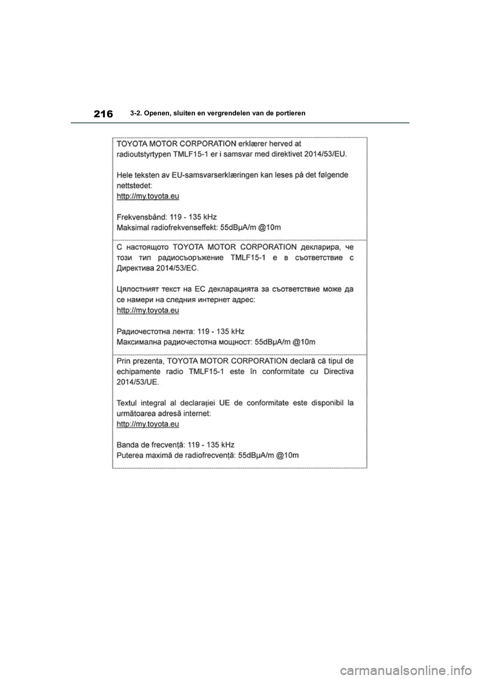 TOYOTA RAV4 HYBRID 2019  Instructieboekje (in Dutch) 2163-2. Openen, sluiten en vergrendelen van de portieren
pM_RAV4-HV_OM_OM42D12E_(EE) .book  Page 216  Friday, March 22, 2019  11:40 AM 