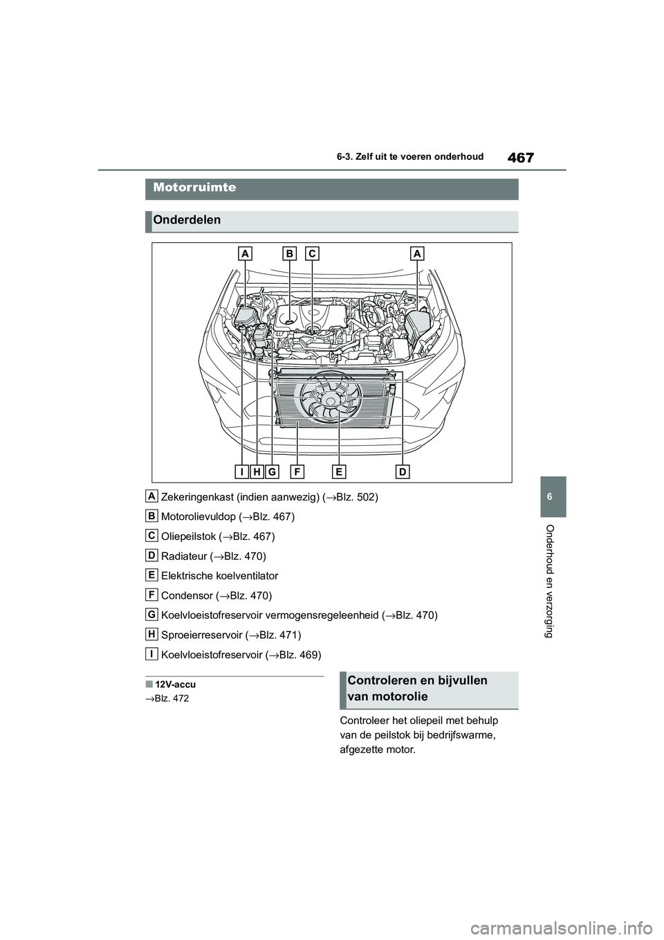 TOYOTA RAV4 HYBRID 2019  Instructieboekje (in Dutch) 467
6
6-3. Zelf uit te voeren onderhoud
Onderhoud en verzorging
Zekeringenkast (indien aanwezig) (
→Blz. 502)
Motorolievuldop ( →Blz. 467)
Oliepeilstok ( →Blz. 467)
Radiateur ( →Blz. 470)
Elek