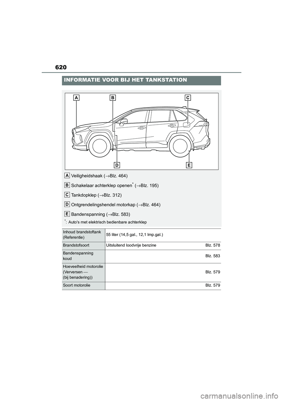TOYOTA RAV4 HYBRID 2019  Instructieboekje (in Dutch) 620
INFORMATIE VOOR BIJ HET TANKSTATION
Veiligheidshaak (→Blz. 464)
Schakelaar achterklep openen
* ( →Blz. 195)
Tankdopklep ( →Blz. 312)
Ontgrendelingshendel motorkap ( →Blz. 464)
Bandenspanni