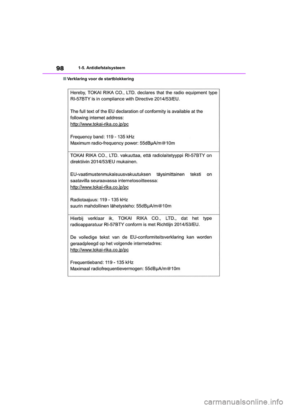 TOYOTA RAV4 HYBRID 2019  Instructieboekje (in Dutch) 981-5. Antidiefstalsysteem
■Verklaring voor de startblokkering
pM_RAV4-HV_OM_OM42D12E_(EE).book  Page 98  Friday, March 22, 2019  11:40 AM 