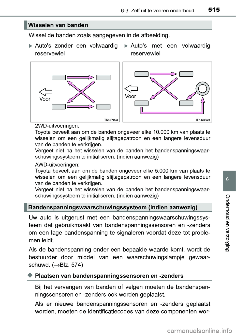 TOYOTA RAV4 HYBRID 2018 Instructieboekje (in Dutch) 5156-3. Zelf uit te voeren onderhoud
6
Onderhoud en verzorging
Wissel de banden zoals aangegeven in de afbeelding.
2WD-uitvoeringen:
Toyota beveelt aan om de banden ongeveer elke 10.000 km van plaat TOYOTA RAV4 HYBRID 2018 Instructieboekje (in Dutch) 5156-3. Zelf uit te voeren onderhoud
6
Onderhoud en verzorging
Wissel de banden zoals aangegeven in de afbeelding.
2WD-uitvoeringen:
Toyota beveelt aan om de banden ongeveer elke 10.000 km van plaat