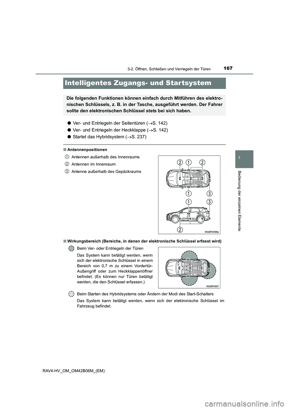 TOYOTA RAV4 HYBRID 2017  Betriebsanleitungen (in German) 167
3
3-2. Öffnen, Schließen und Verriegeln der Türen
Bedienung der einzelnen Elemente
RAV4-HV_OM_OM42B06M_(EM)
Intelligentes Zugangs- und Startsystem
●Ver- und Entriegeln der Seitentüren ( →S