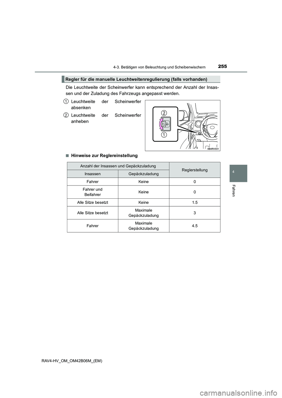 TOYOTA RAV4 HYBRID 2017  Betriebsanleitungen (in German) 2554-3. Betätigen von Beleuchtung und Scheibenwischern
4
Fahren
RAV4-HV_OM_OM42B06M_(EM)
Die Leuchtweite der Scheinwerfer kann entsprechend der Anzahl der Insas-
sen und der Zuladung des Fahrzeugs an
