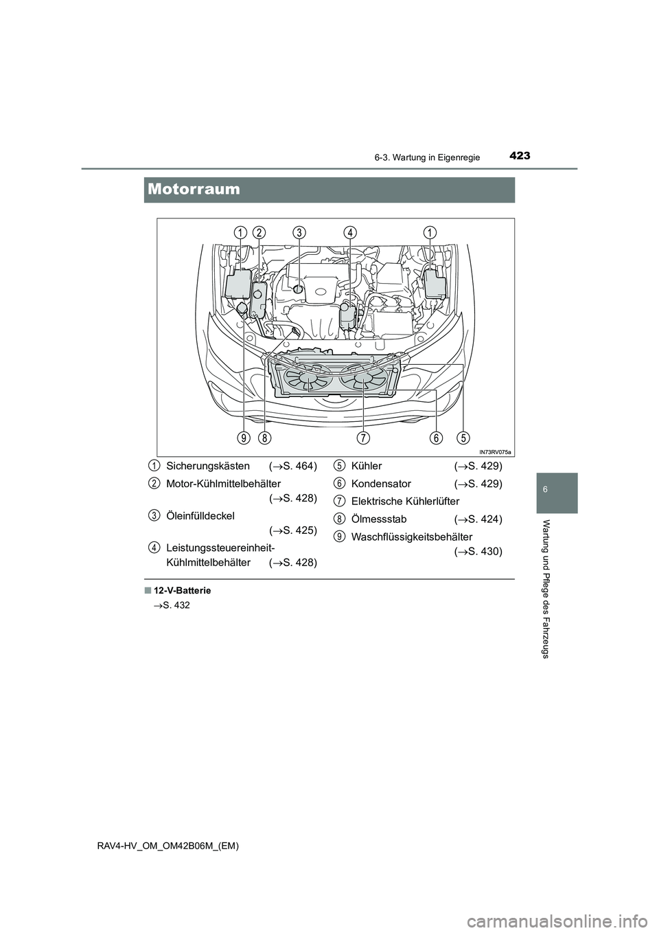 TOYOTA RAV4 HYBRID 2017  Betriebsanleitungen (in German) 4236-3. Wartung in Eigenregie
RAV4-HV_OM_OM42B06M_(EM)
6
Wartung und Pflege des Fahrzeugs
Motorraum
■12-V-Batterie
→S. 432
Sicherungskästen ( →S. 464)
Motor-Kühlmittelbehälter  (→ S. 428)
