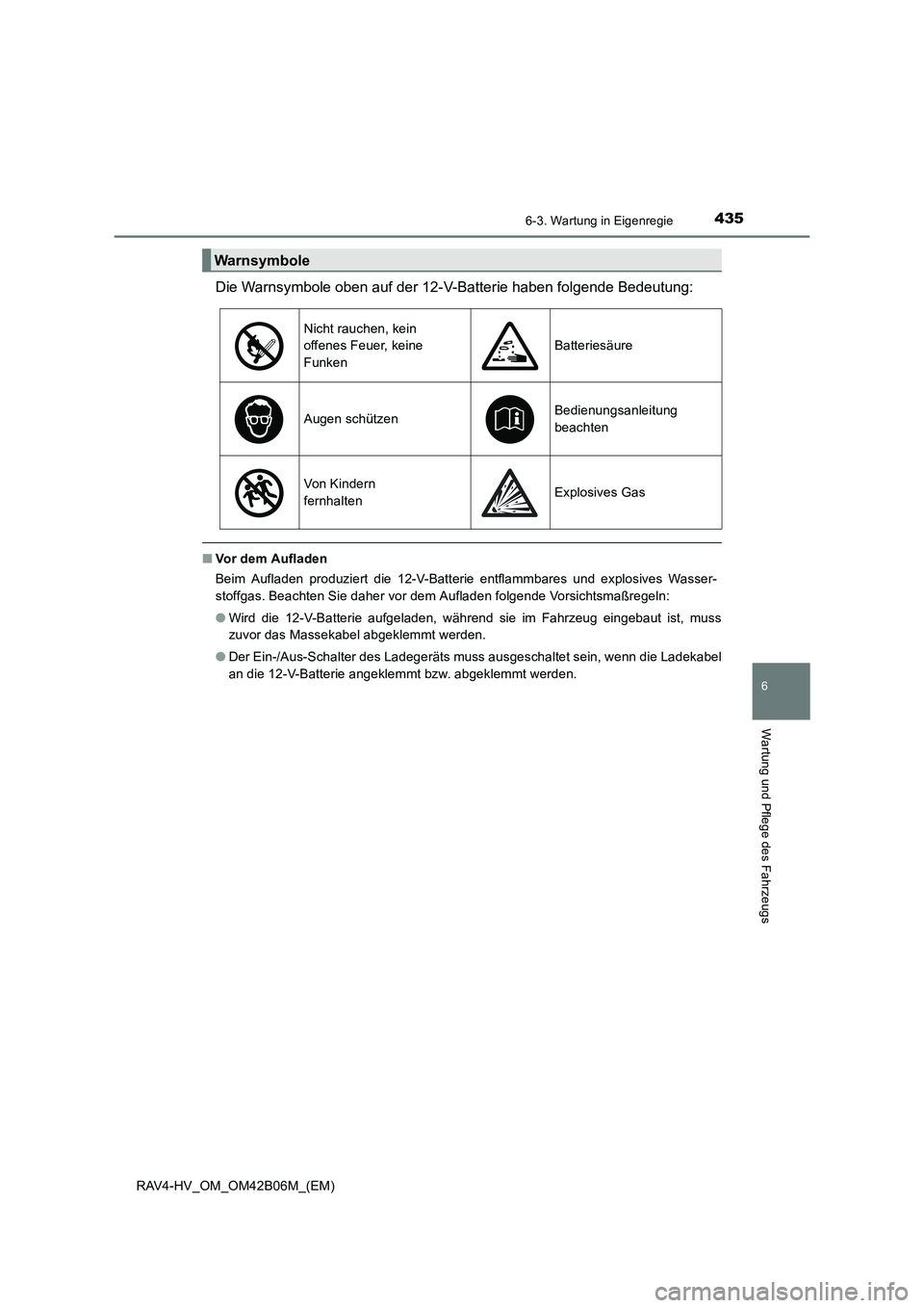 TOYOTA RAV4 HYBRID 2017  Betriebsanleitungen (in German) 4356-3. Wartung in Eigenregie
RAV4-HV_OM_OM42B06M_(EM)
6
Wartung und Pflege des Fahrzeugs
Die Warnsymbole oben auf der 12-V-Batterie haben folgende Bedeutung:
■Vor dem Aufladen
Beim Aufladen produzi