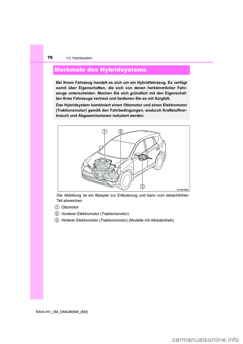 TOYOTA RAV4 HYBRID 2017  Betriebsanleitungen (in German) 761-2. Hybridsystem
RAV4-HV_OM_OM42B06M_(EM)
Merkmale des Hybridsystems
Die Abbildung ist ein Beispiel zur Erläuterung und kann vom tatsächlichen
Teil abweichen.Ottomotor
Vorderer Elektromotor (Trak