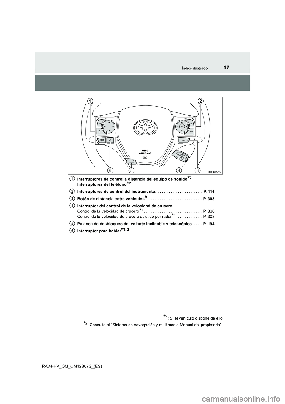 TOYOTA RAV4 HYBRID 2017  Manual del propietario (in Spanish) 17Índice ilustrado
RAV4-HV_OM_OM42B07S_(ES)Interruptores de control a distancia del equipo de sonido
*2 
Interruptores del teléfono*2
Interruptores de control del instrumento. . . . . . . . . . . . 