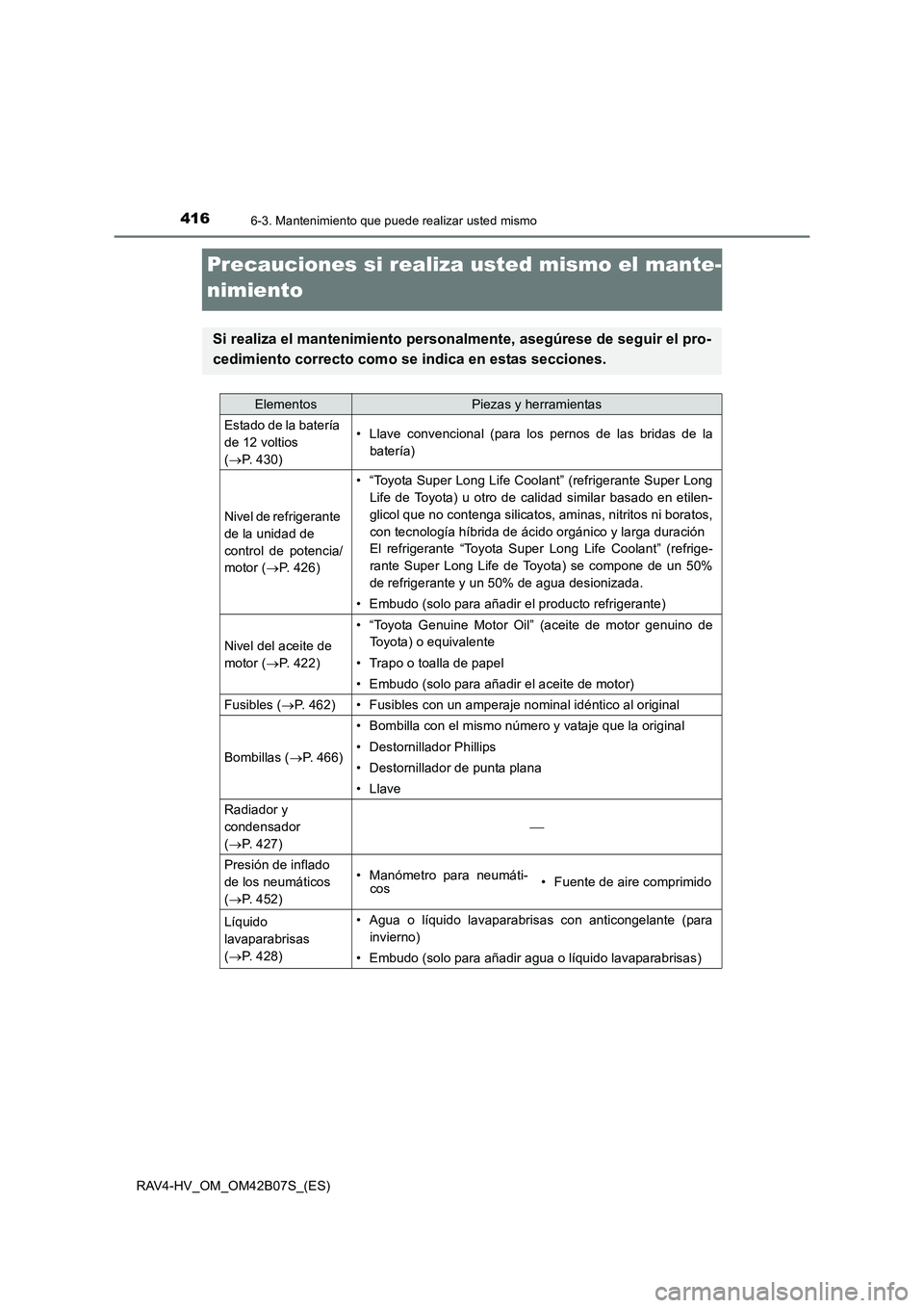 TOYOTA RAV4 HYBRID 2017  Manual del propietario (in Spanish) 4166-3. Mantenimiento que puede realizar usted mismo
RAV4-HV_OM_OM42B07S_(ES)
Precauciones si realiza usted mismo el mante-
nimiento
Si realiza el mantenimiento personalmente, asegúrese de seguir el 